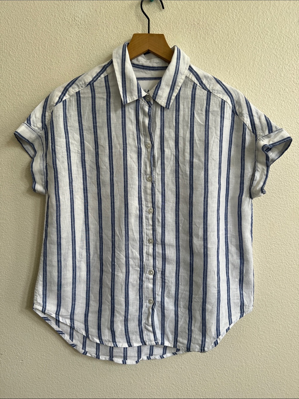 LOLA RIVER Linen Blend Short Sleeve Button-Up Shirt White/Blue Striped Women S